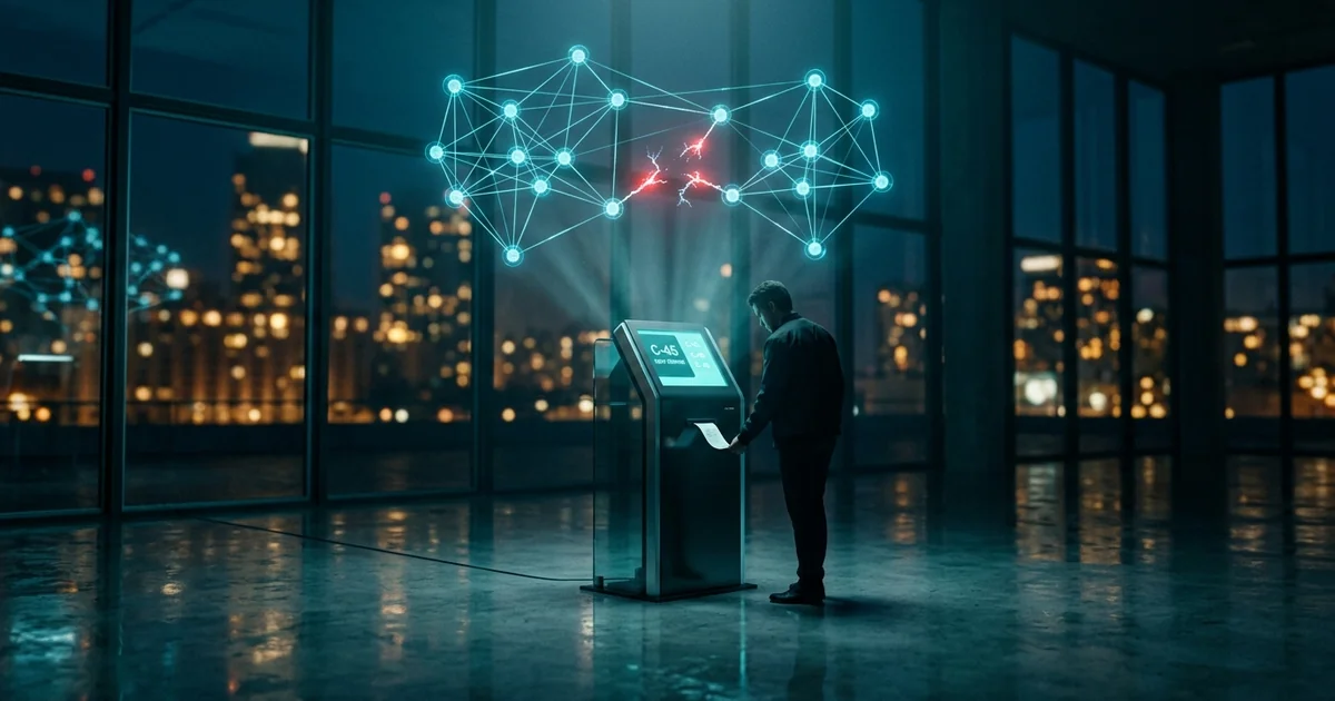 Automat biletowy pracujący w nocnym holu instytucji — klient odbiera bilet, a nad nim wizualizacja sieci z jednym zerwanym połączeniem