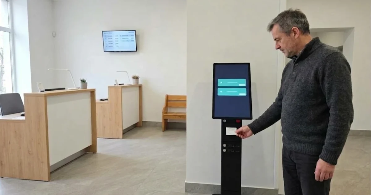 Mężczyzna odbiera bilet z automatu biletowego QWinTech w niewielkiej placówce; w tle stanowiska obsługi i monitor z numerami