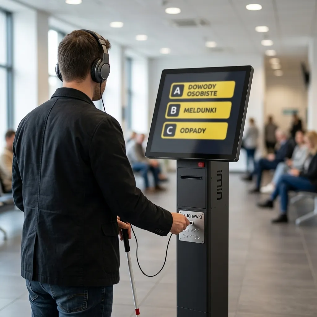 Osoba niewidoma podłączająca słuchawki do automatu biletowego QWinTech